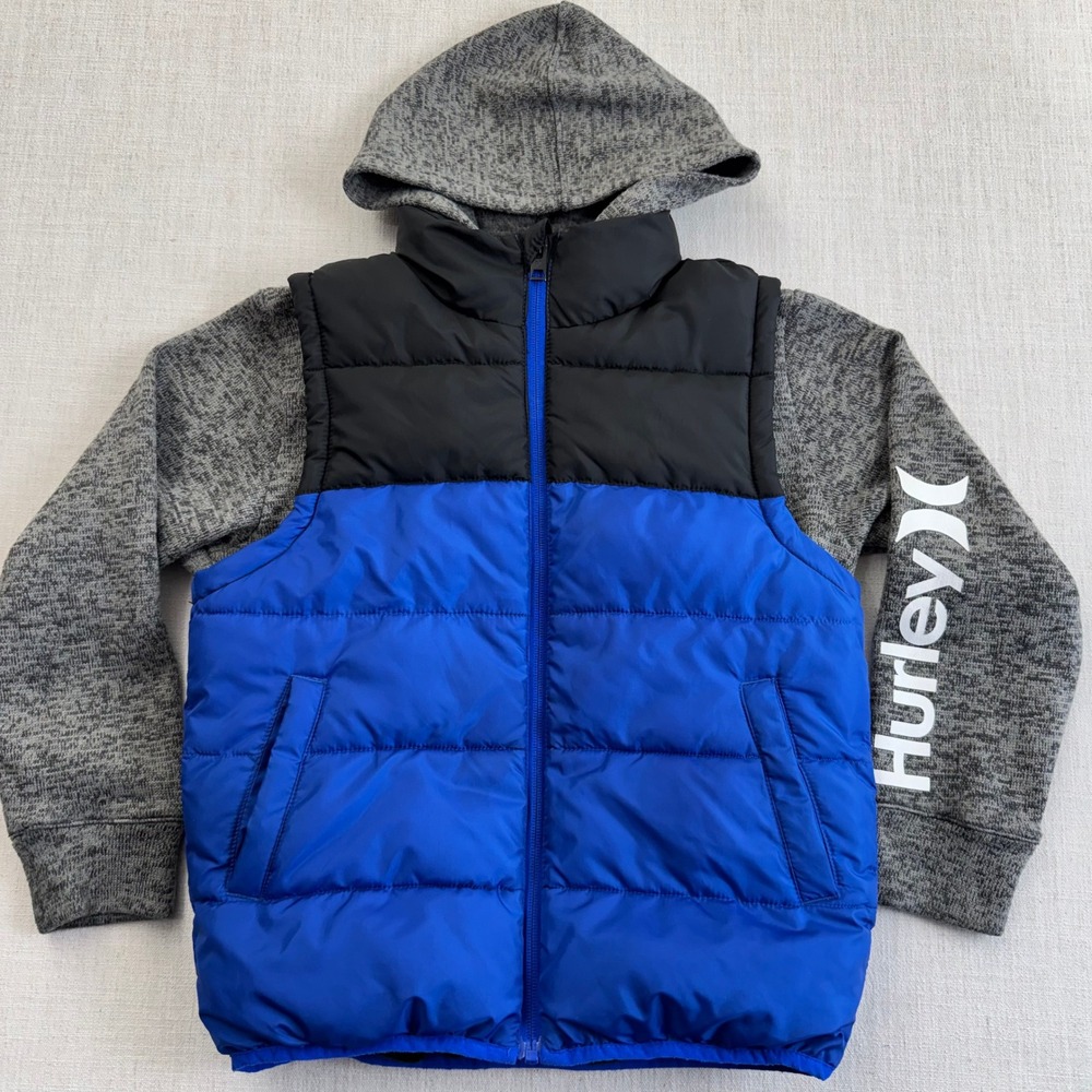Hurley Boys Puffer Jacket‎ Blue Black Hybrid Knit Sleeve Hooded Full Zip Size S